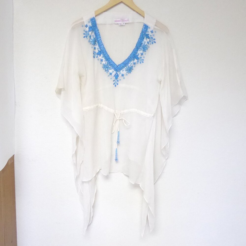 Monique Leshman sheer white and turquoise stone beaded boho tunic top size M